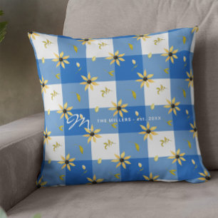 Coussin Vintage ferme floral bleu buffle chèque jeter