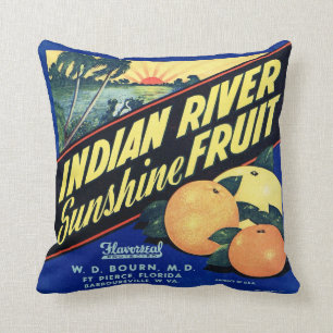 Coussin Vintage Fruit Crate Étiquette Florida Indian Rive