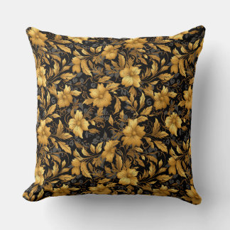 Coussin Vintage Golden Floral Throw Pillow – Elegant Black