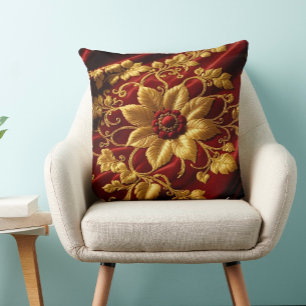 Coussin Vintage Grande Fleur Broderie aspect Rouge Or 2ème