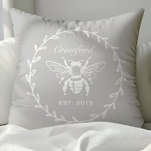 Coussin Vintage Gris Honey Bee Laurel Monogramme
