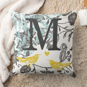Coussin Vintage gris jaune bleu lovebird Florogramme