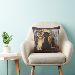 Coussin Vintage Halloween Chat noir et hibou sorcière Casq