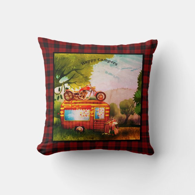 Coussin Vintage Happy Campers Trailer Buffalo déversé (Recto)
