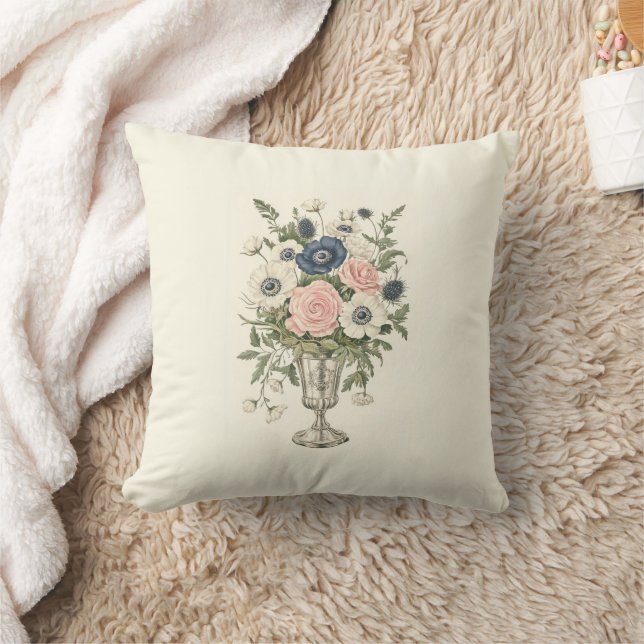 Coussin Vintage ivoire rose bleu mauve fleurs vertes (Couverture)