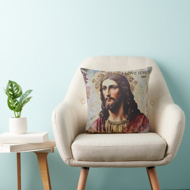 Coussin Vintage J'aime Jésus Nom personnalisé (Chaise)