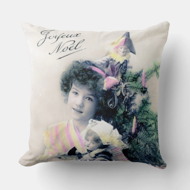 Coussin Vintage Joyeux Noël avec fille et poupée (Recto)