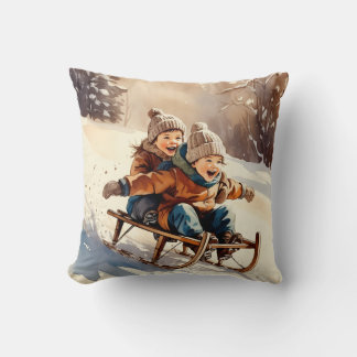 Coussin Vintage Kids Sled Ride Watercolor Winter