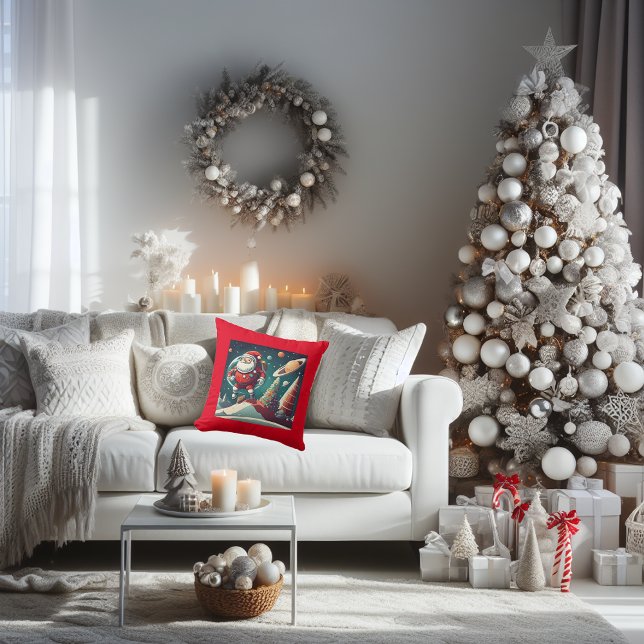 Coussin Vintage look Spaceman Sants (Vintage Santa in Space fun throw pillow.)