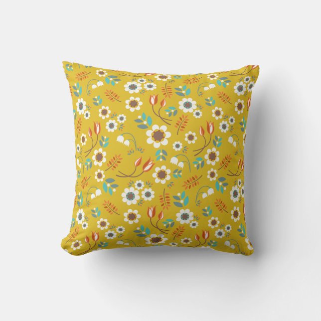 Coussin Vintage moutarde Jaune Fleurs Florales Motif (Recto)
