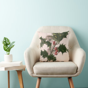 Coussin Vintage Noël, Green Holly Plante avec baies