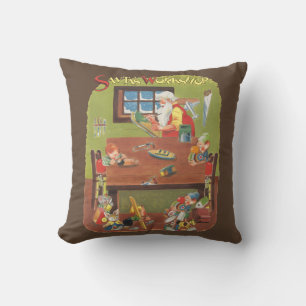 Coussin Vintage Noël Père Noël avec elfes dans l'atelier