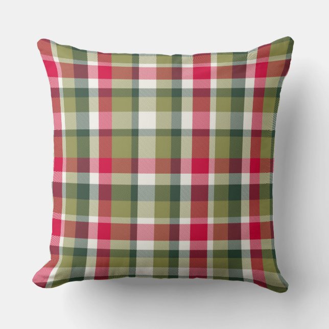 Coussin Vintage Noël Plaid rouge et vert olive (Recto)