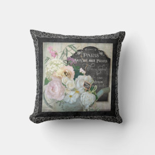 Coussin Vintage Parisien Typographie Fleur Rose Chalkboard