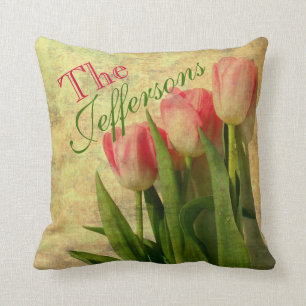 Coussin vintage personnalisé de tulipes de nom de