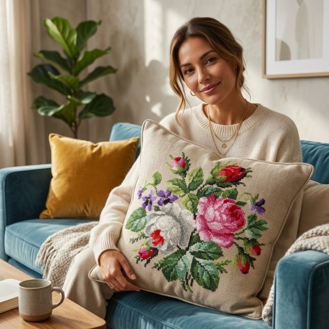 Coussin Vintage Pink and WhiteFloral Cross Stitch (Créateur téléchargé)