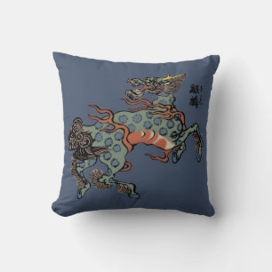 Coussin Vintage Qilin chinois sur bleu jeans bleu