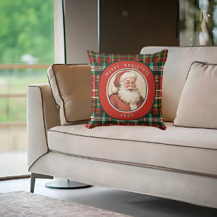 Coussin Vintage Retro Père Noël Rustique Plaid