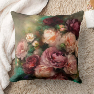 Coussin Vintage Rose Doux Et Bourgogne Roses Peint