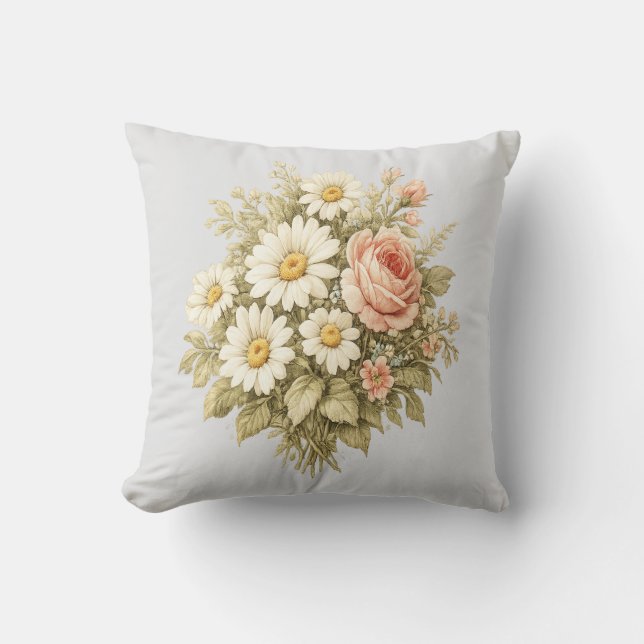 Coussin Vintage Roses & Daisies Floral Bouquet  (Recto)