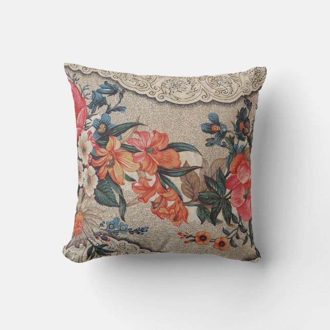 Coussin Vintage rouge orange blanc motif (Recto)