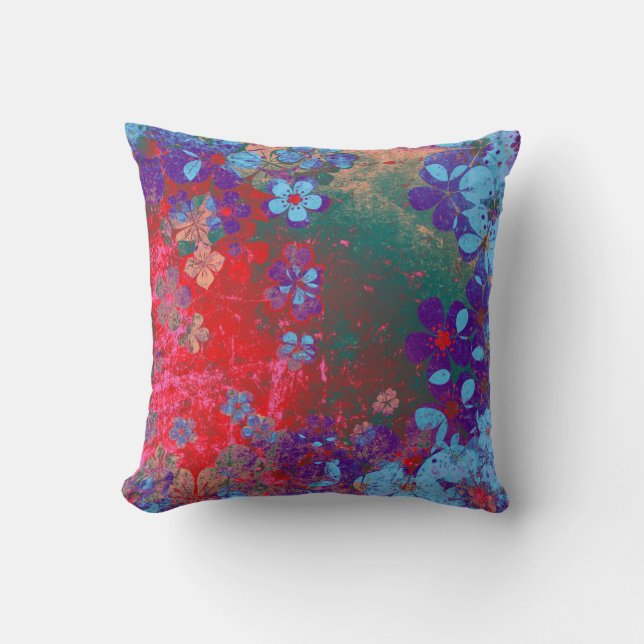 Coussin Vintage rouge violet bleu motif floral (Recto)