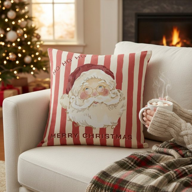 Coussin Vintage Santa Claus Christmas Stripes Throw Pillow (Créateur téléchargé)