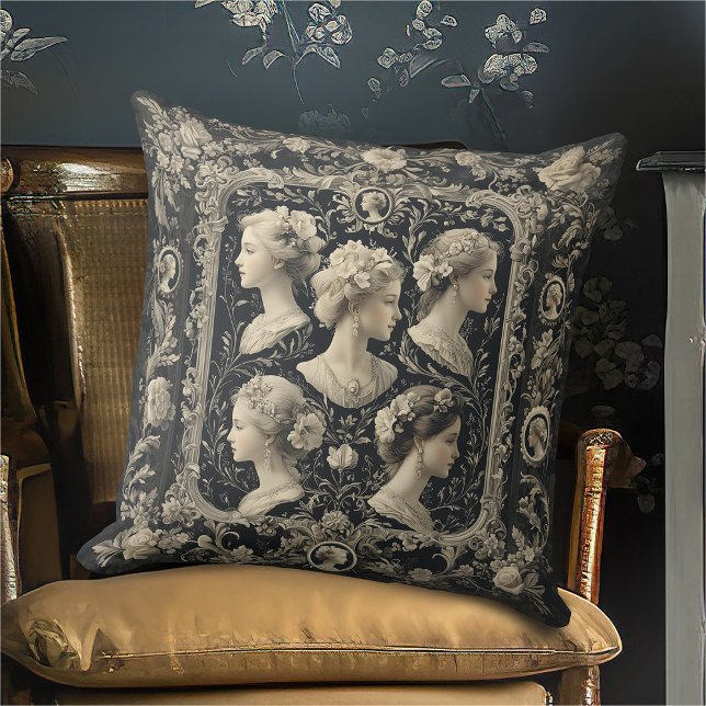 Coussin Vintage Sepia Victorian Cameos gris foncé (Créateur téléchargé)