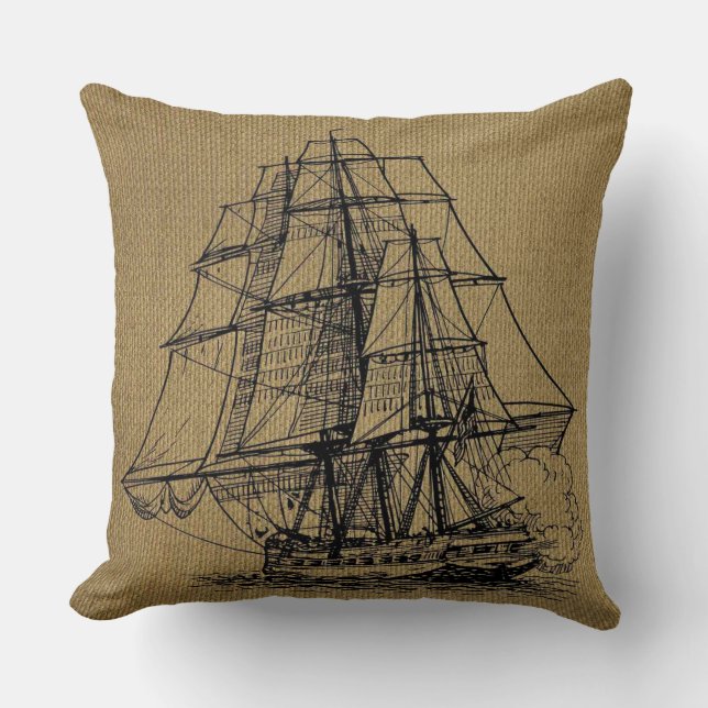 Coussin Vintage Ship Art sur le faux burlap (Recto)