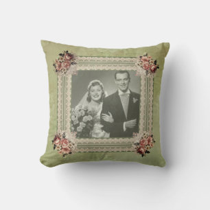 Coussin Vintage Smoky Green Damask Memory Photo