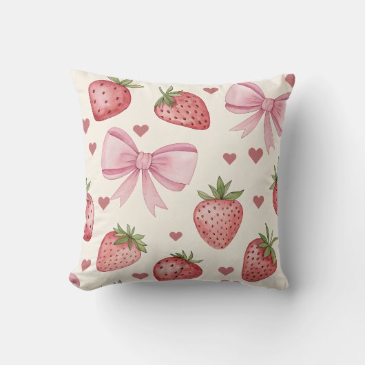 Coussin Vintage Strawberry and Pink Bows Coquette Pillow (Recto)