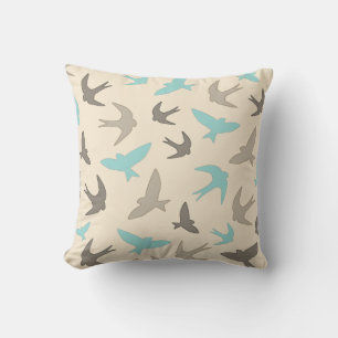 Coussin Vintage Swallow Birds Motif Beige Brown Bleu