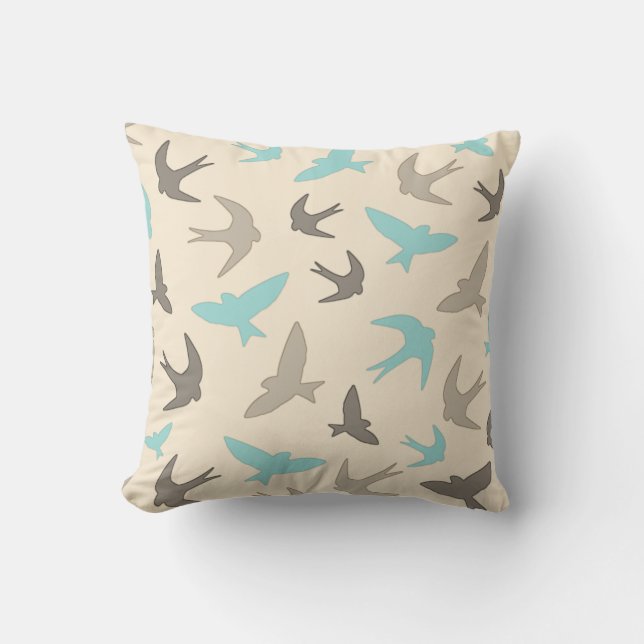 Coussin Vintage Swallow Birds Motif Beige Brown Bleu (Recto)