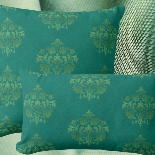 Coussin Vintage Teal Damask Gold Medallians Throw Pillow (Antique teal damask elegance!)