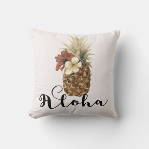 Coussin Vintage Tropical Fleur d'Hibiscus et Ananas Floral