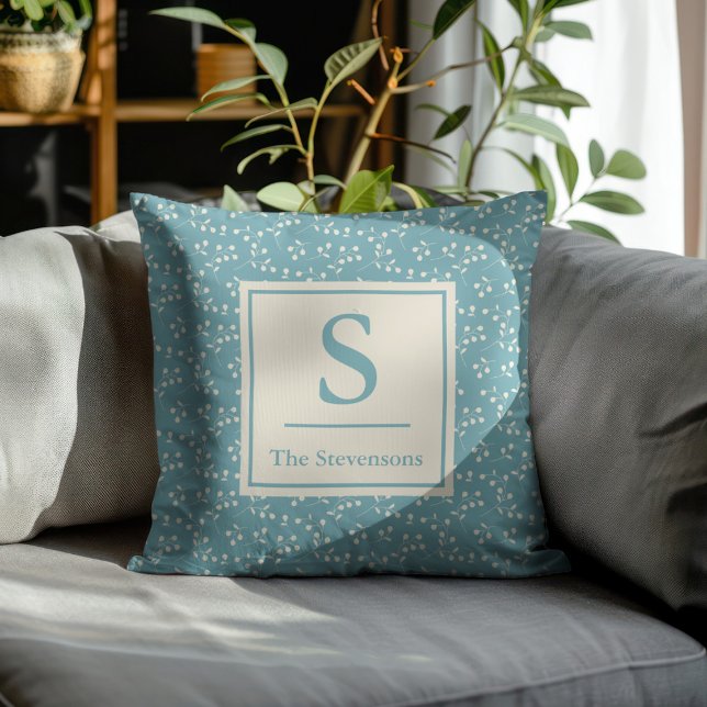 Coussin Vintage Turquoise Bleu Blanc Botanique Monogramme  (Créateur téléchargé)