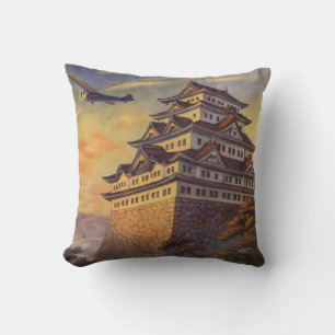 Coussin Vintage voyage Japon, Pagode Japonaise Avion