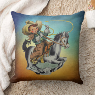 Coussin Vintage Western Cowboy Kids On Horse avec corde