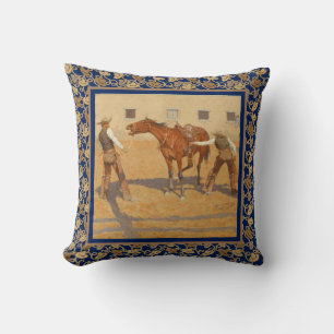 Coussin Vintage Western Cowboys et Horse Blue
