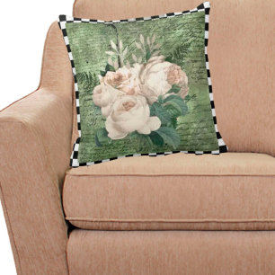 Coussin Vintage White Roses & Checkerboard