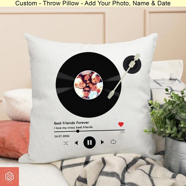 Coussin Vinyl Record Photo Meilleurs Amis Anniversaire (Vinyl Record Photo Best Friends Birthday Party Throw Pillow)