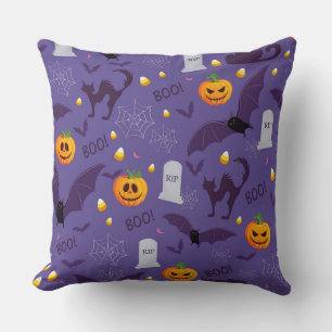 COUSSIN VIOLET AVEC PIERRES TOMBALES CITROUILLES ORANGES C