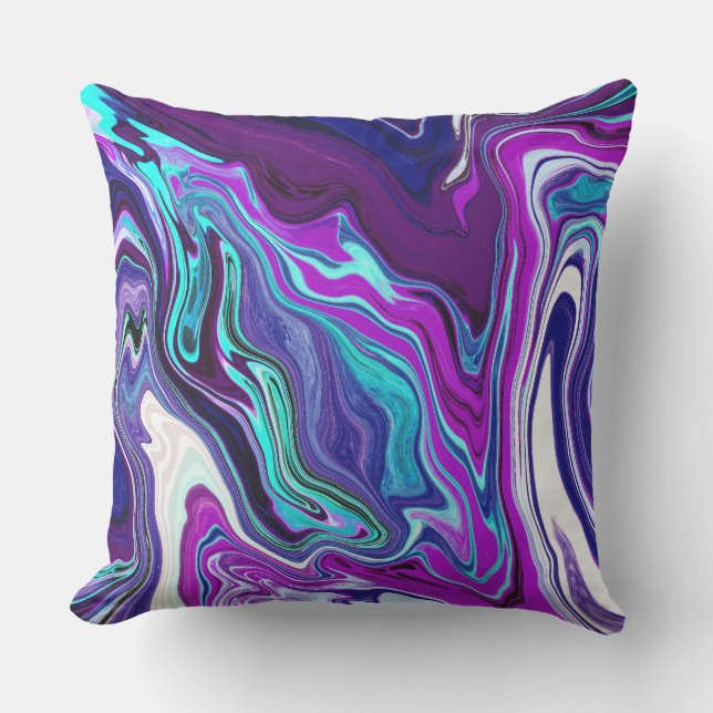 Coussin Violet, Bleu et Turquoise Abstrait Fluid Art (Recto)
