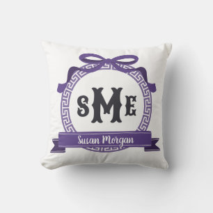 Coussin Violet profond Bruyère Clé grecque Monogramme à nœ