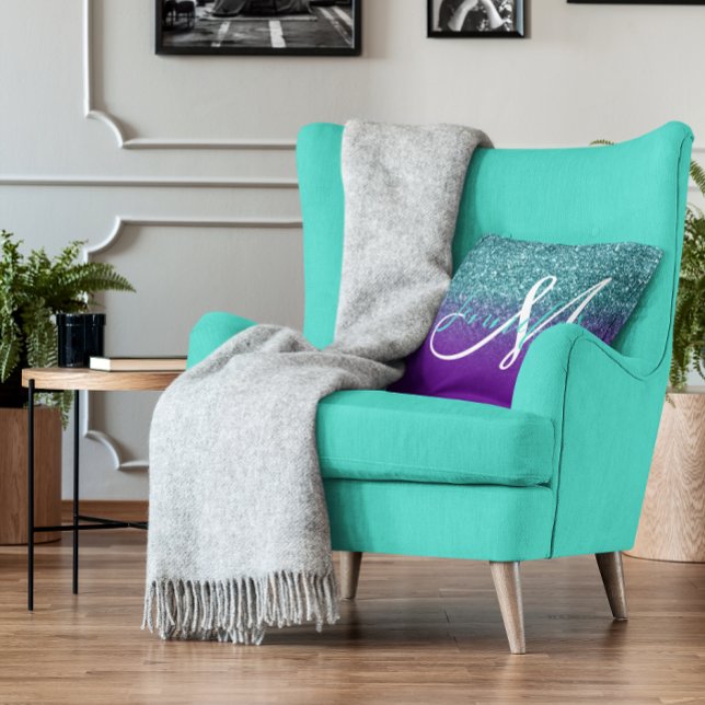 Coussin Violet violet et Turquoise Ombre Parties scintilla (Violet Purple and Teal Ombre Glitter Monogram Throw Pillow)