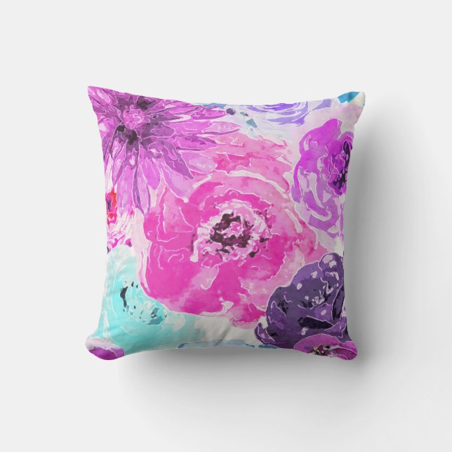 Coussin Violet Vivide Fleurs Florales Gras Rose Violet Chi (Recto)