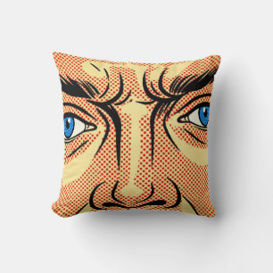 Coussin Visage de bande dessinée rétro pop art aux yeux bl