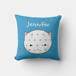 Coussin Visage de chat blanc mignon avec motif bleu person