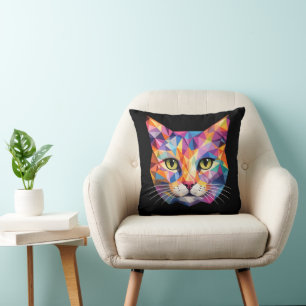 Coussin Visage de chat géométrique coloré Art triangulaire