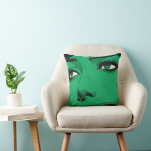 Coussin Visage de femme Pop-Art en vert vif